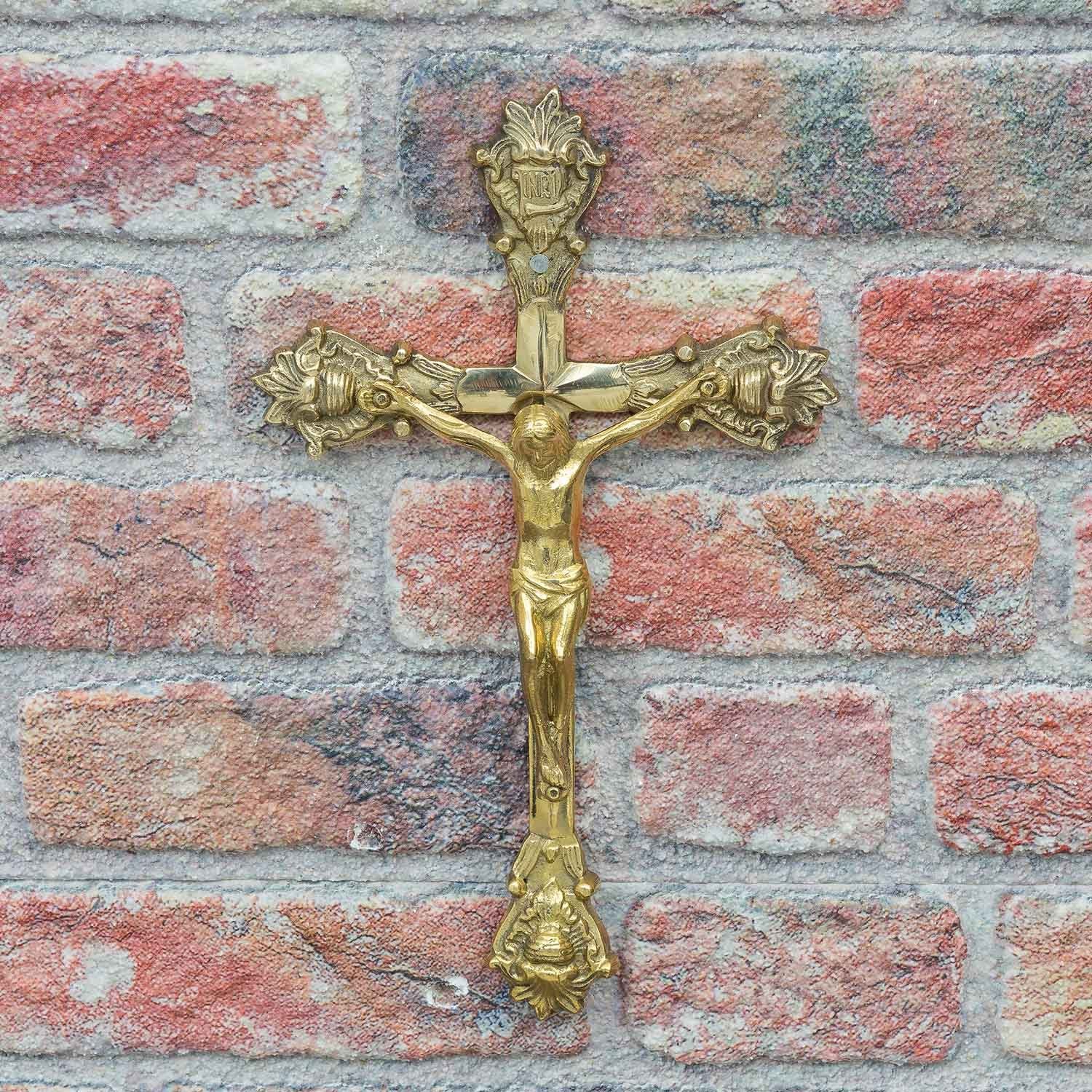 Aubaho Dekoobjekt Kreuz Kruzifix Antik-Stil Kirche Messing 32cm Altarkreuz Wandkreuz