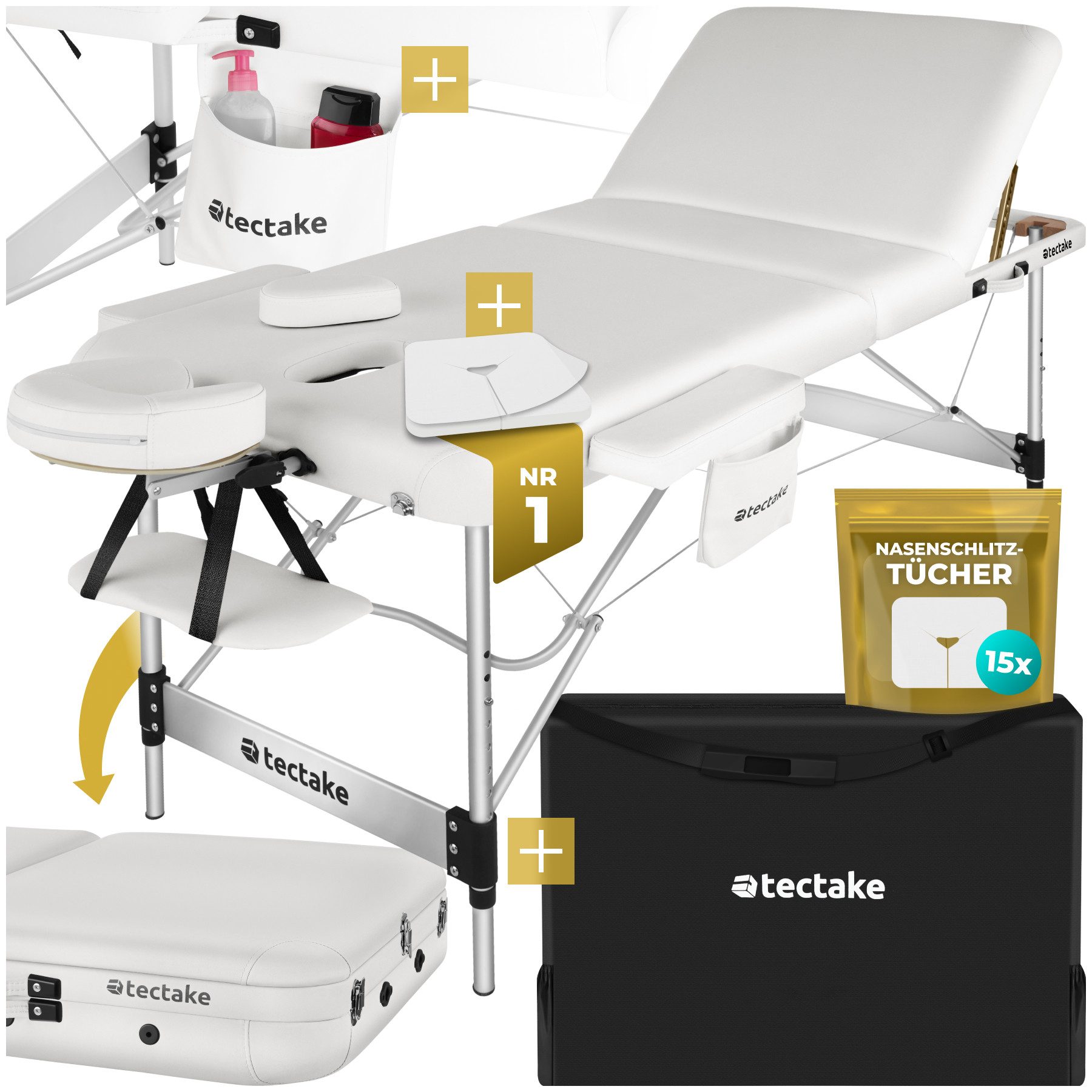 tectake Massageliege 3 Zonen Kosmetikliege mit 5cm Polsterung und Aluminiumgestell (Set, 1-St., mit Tragetasche), klappbar und höhenverstellbar, verstellbare Ablagen für Kopf und Arme