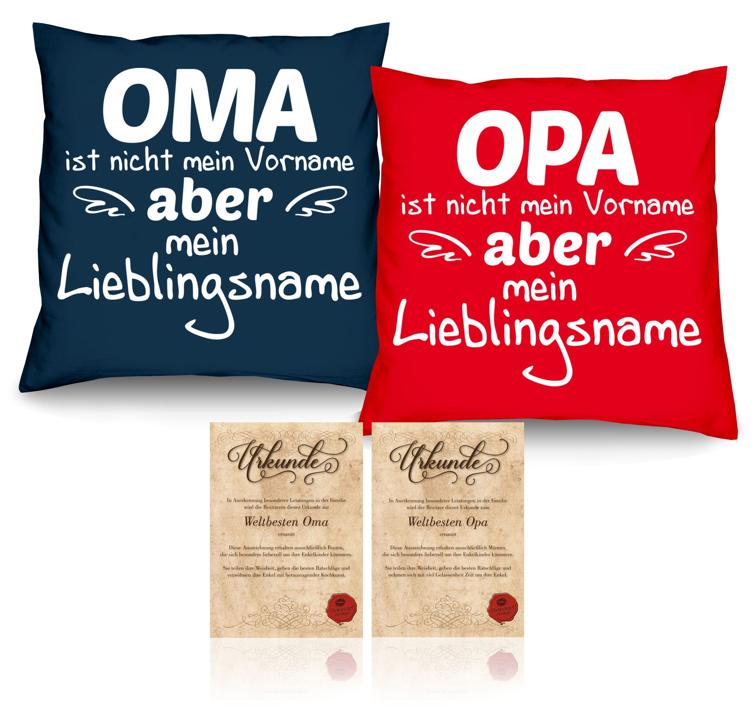 Soreso® Dekokissen Kissen-Set Oma Lieblingsname Opa Lieblingsname mit Urkunden, Weihnachtsgeschenk für Großeltern rot