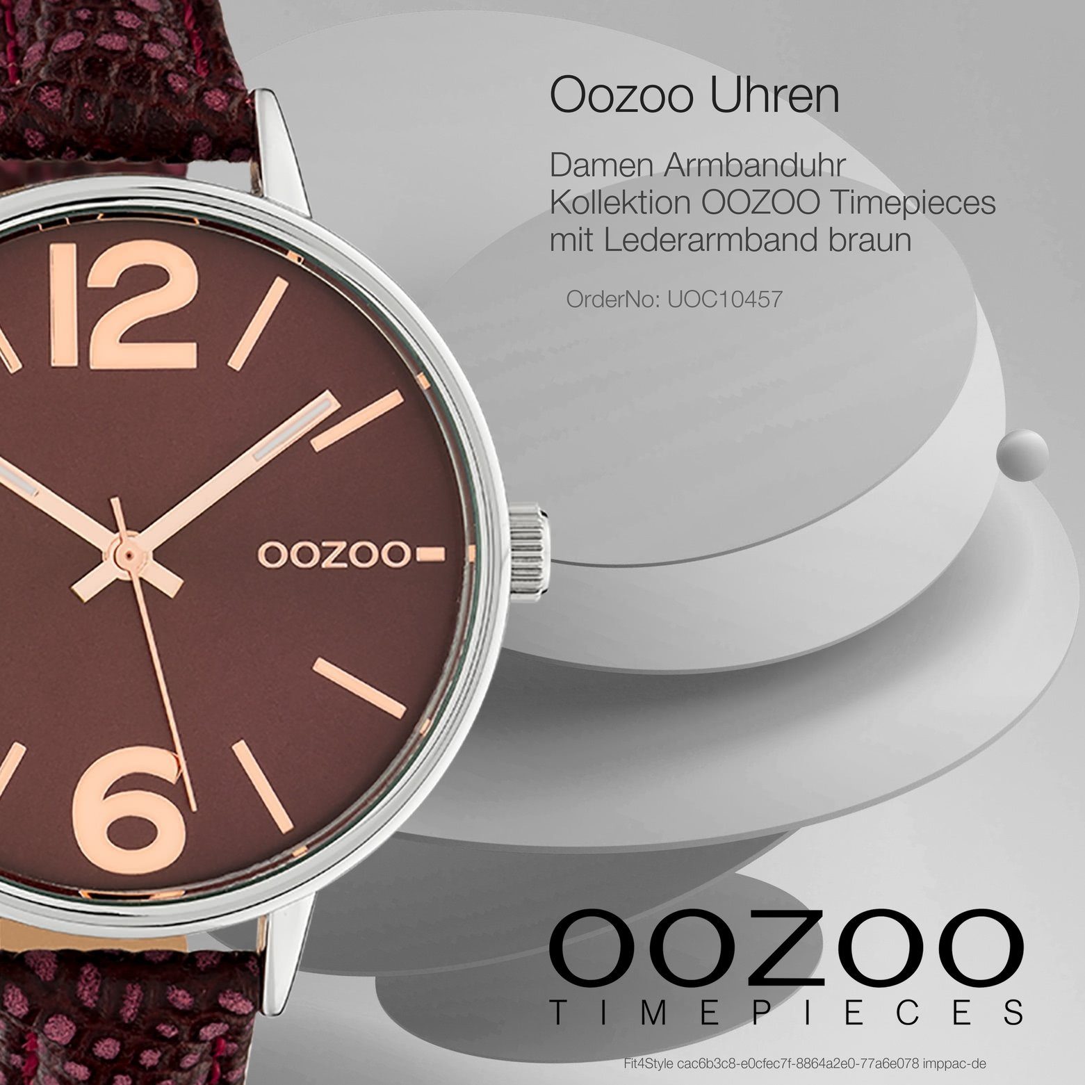 (ca. Quarzuhr Oozoo Damen rund, Lederarmband groß Damenuhr Timepieces, Armbanduhr OOZOO Fashion 42mm), braun, OOZOO