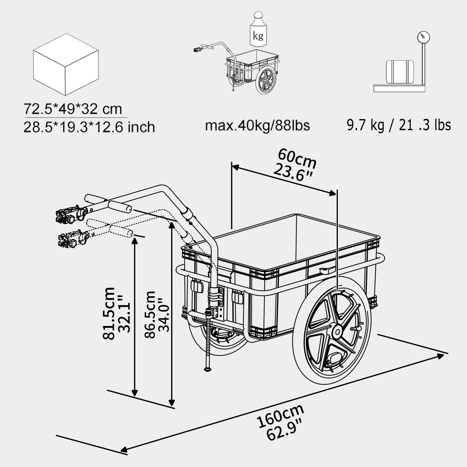 TIGGO Bicycle Cargo Trailer Tiggo 75L Cargo Trailer & Handcart XL Bicycle Trailer Trailer, 75 Liter Removable Transport Box Made of Impact-Resistant Material