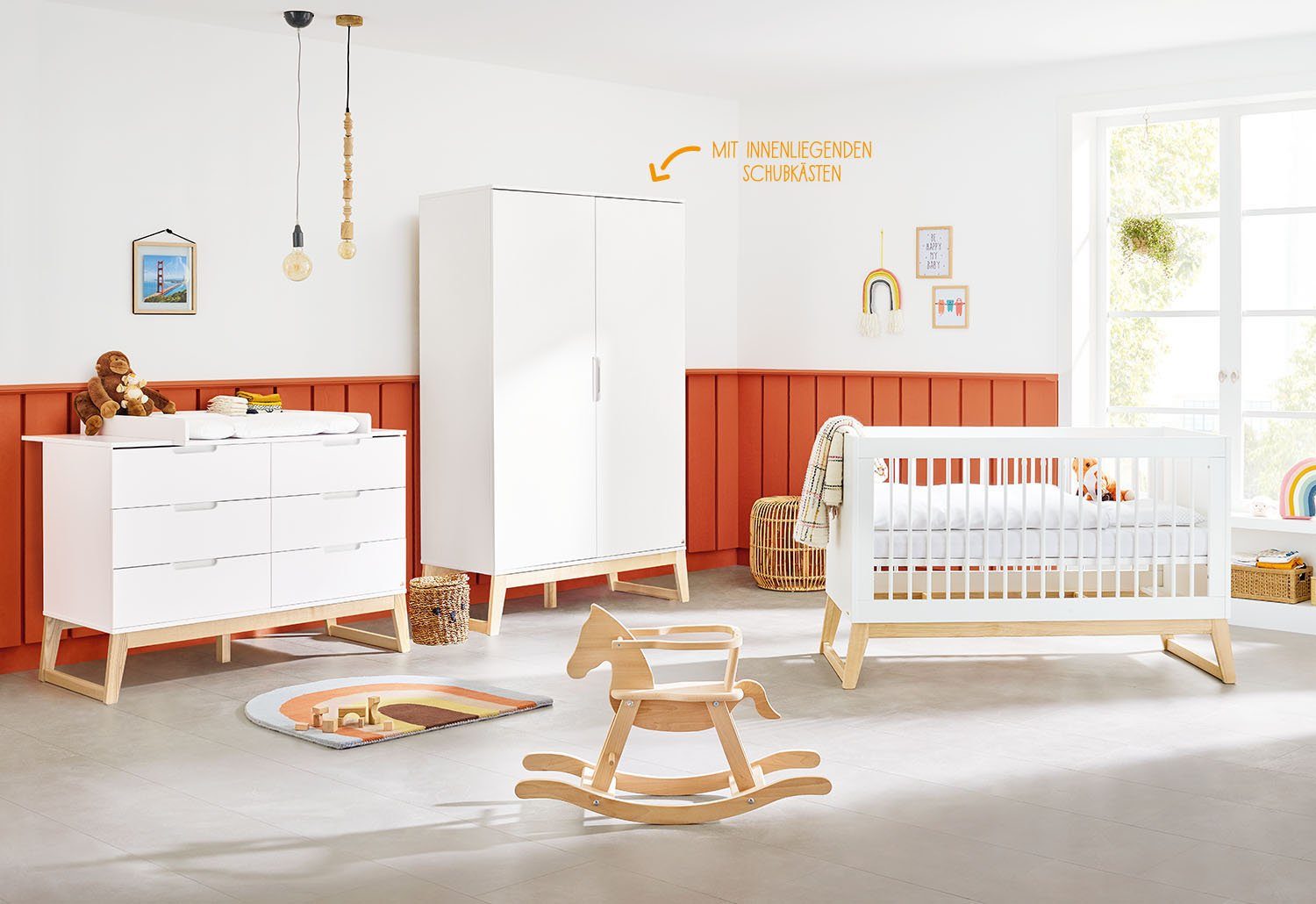 Pinolino® Babyzimmer-Komplettset Bridge, (Set, 3-St., Kinderbett, Schrank,  Wickelkommode), extrabreit; mit Kinderbett, Schrank und