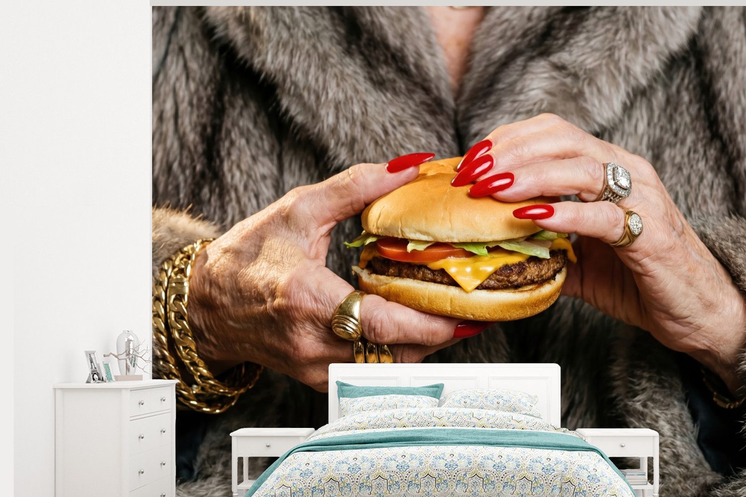 MuchoWow Fototapete Frau - Hamburger - Pelzmantel, Matt, bedruckt, Montagefertig Vinyl Tapete, Wandtapete, 275x220 cm