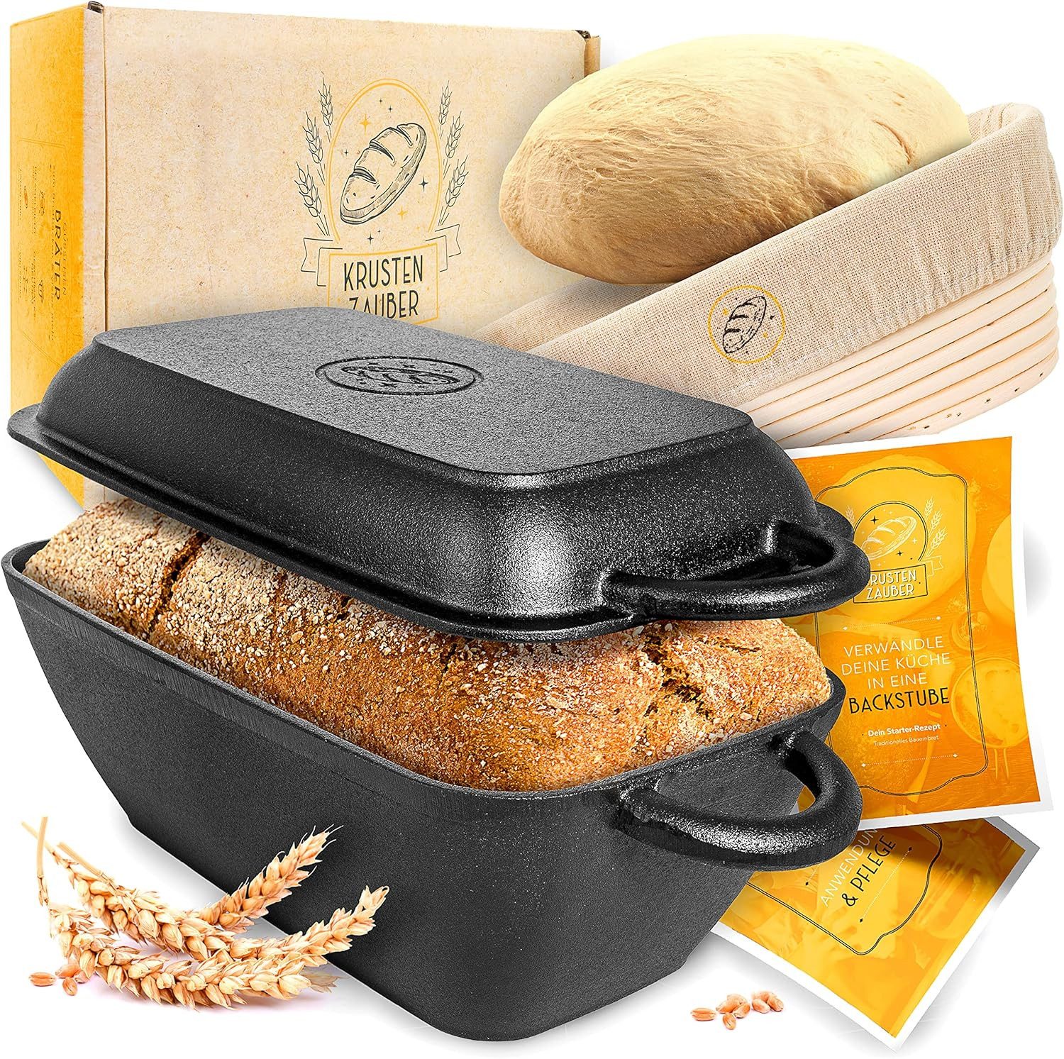Krustenzauber Brotbackform 30cm Gusseisen Bräter mit Deckel backofengeeignet inkl. Gärkorb, (eckiger Topf Brot Backen - Ideal als Ofenform), Induktion, Brotbacktopf, Zubehör