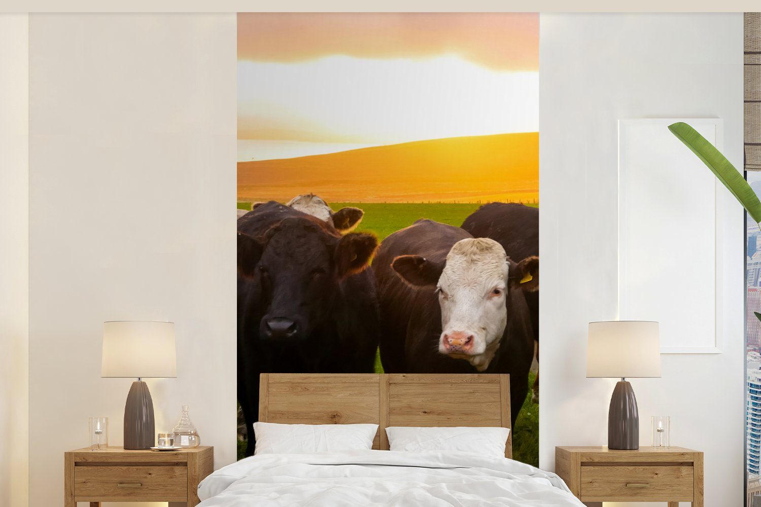 MuchoWow Fototapete Kühe - Hügel - Sonnenuntergang - Gras - Grün, Matt, bedruckt, (2 St), Vliestapete für Wohnzimmer Schlafzimmer Küche, Fototapete