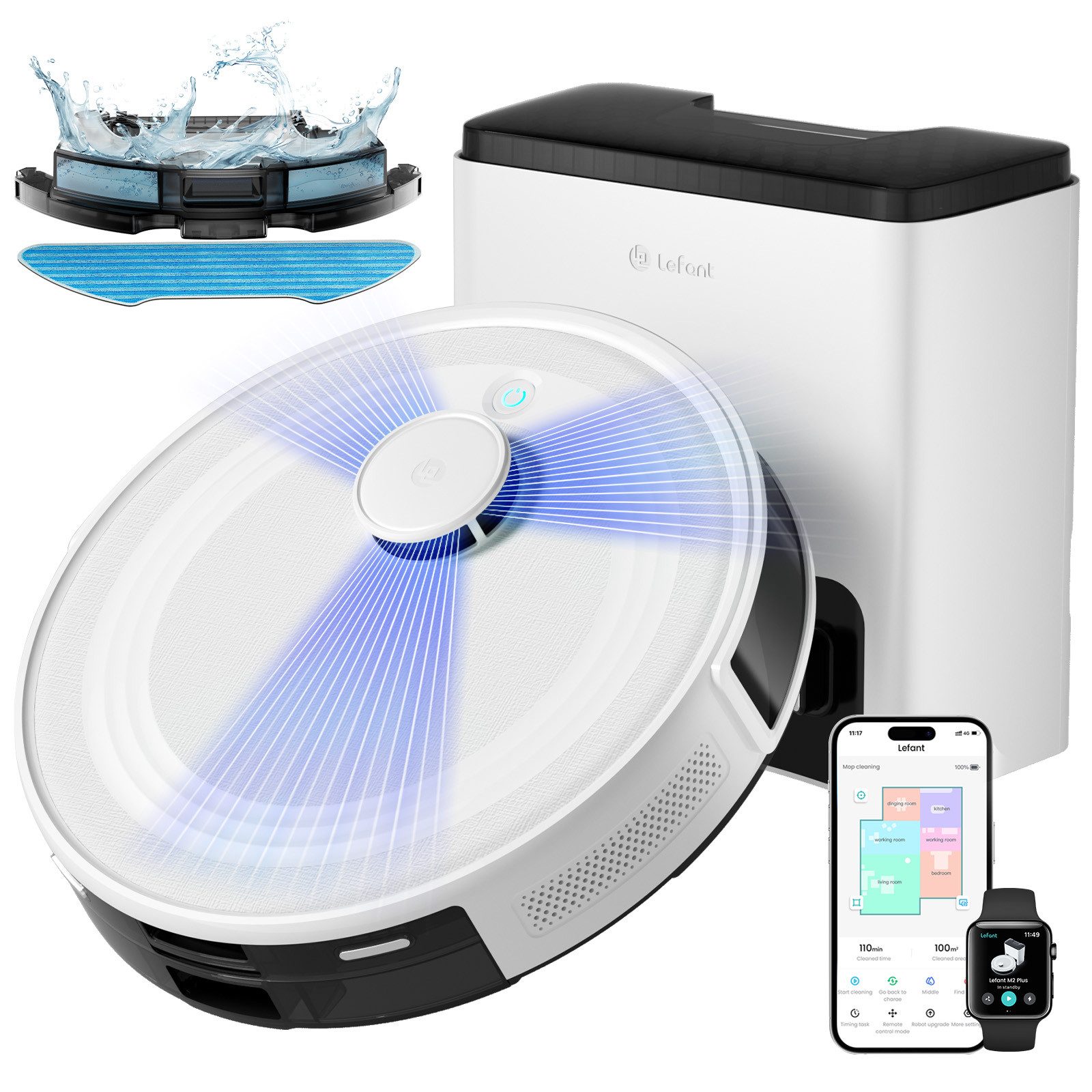 Lefant Saugroboter M2Plus Saugroboter mit Wischfunktion Selbstreinigend, 6000Pa, 45 Tage, mit Beutel, mit Staubabsaug-und Selbstreinigungsfunktion, zentrale Burste