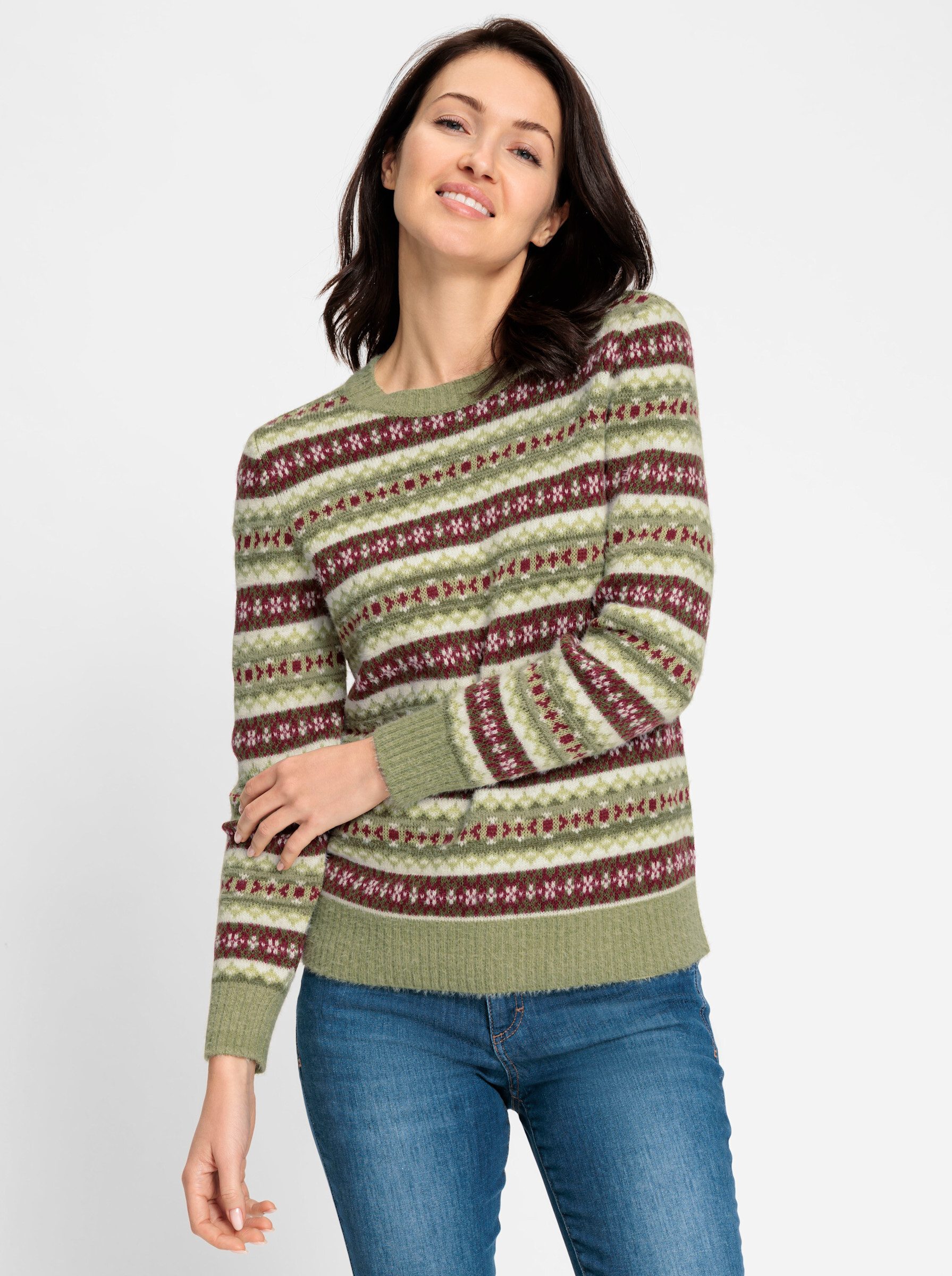 Strickpullover Jacquard-Pullover Langarm Jacquard