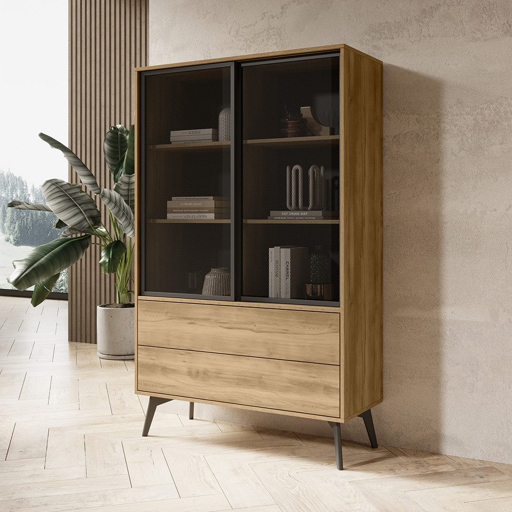 Lomadox Vitrine SIRACUSA-160 Vitrinenschrank 100 cm breit in Eiche mit 2 Türen & Schubladen