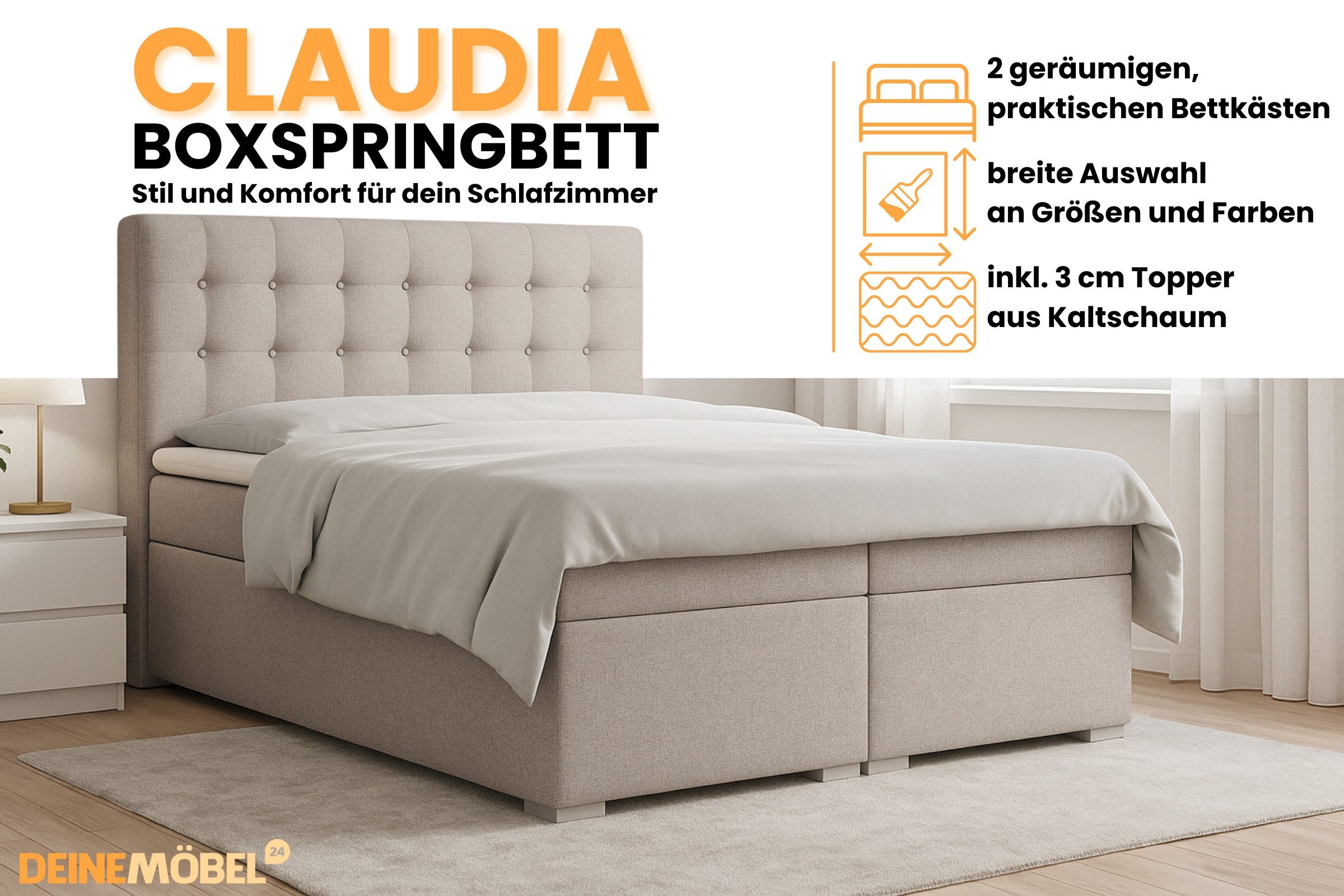 Deine Möbel 24 Boxspringbett CLAUDIA Boxbett Komplettbett inkl. Bonellfederkernmatratzen H3 (Taschenfederkernmatratzen 7 Zonen H4 optional Grau Hellgrau Schwarz Anthrazit Beige Samt Velour, 3-St., Polsterbett Ehebett Bett mit Topper und Bettkästen, Matratzen H3 / H4), mit Topper, mit Bettkästen, 120x200 140x200 160x200 180x200 200x200
