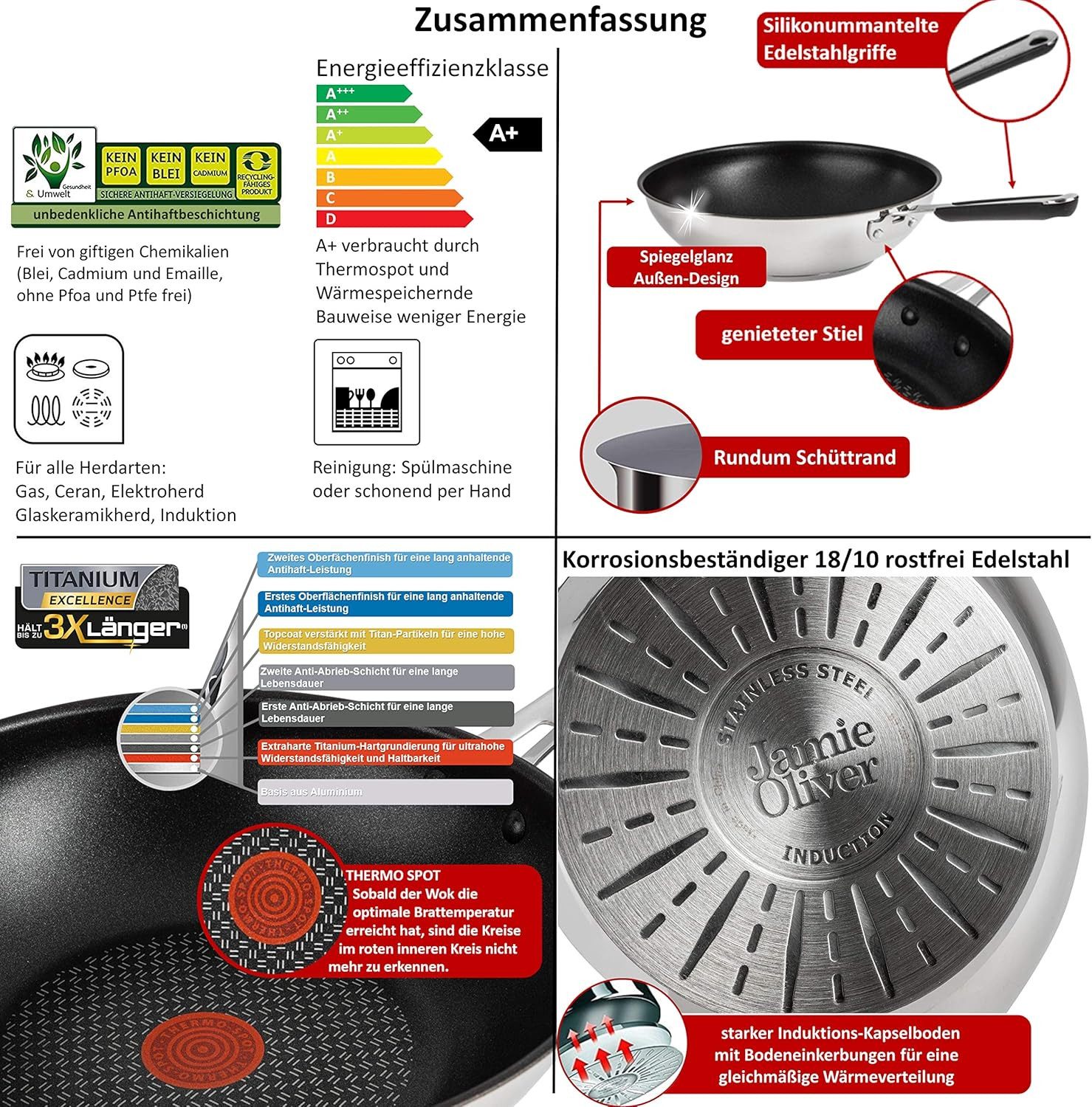 Tefal Pfannen-Set Jamie Oliver E76 Pfannenset 24,28cm + Wok 28cm + Deckel, Edelstahl 18/10 (Pfanne, Bratpfannen Set, Pfannenset, Wok, Wokpfanne, Pfannen + 1 Wen – Bild 4 von 5