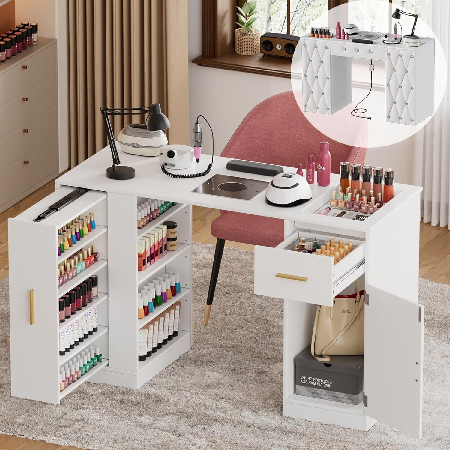 TWSOUL Arbeitstisch Nageltisch mit Absaugung, Staubbeuteln & viel Stauraum, günstig online kaufen