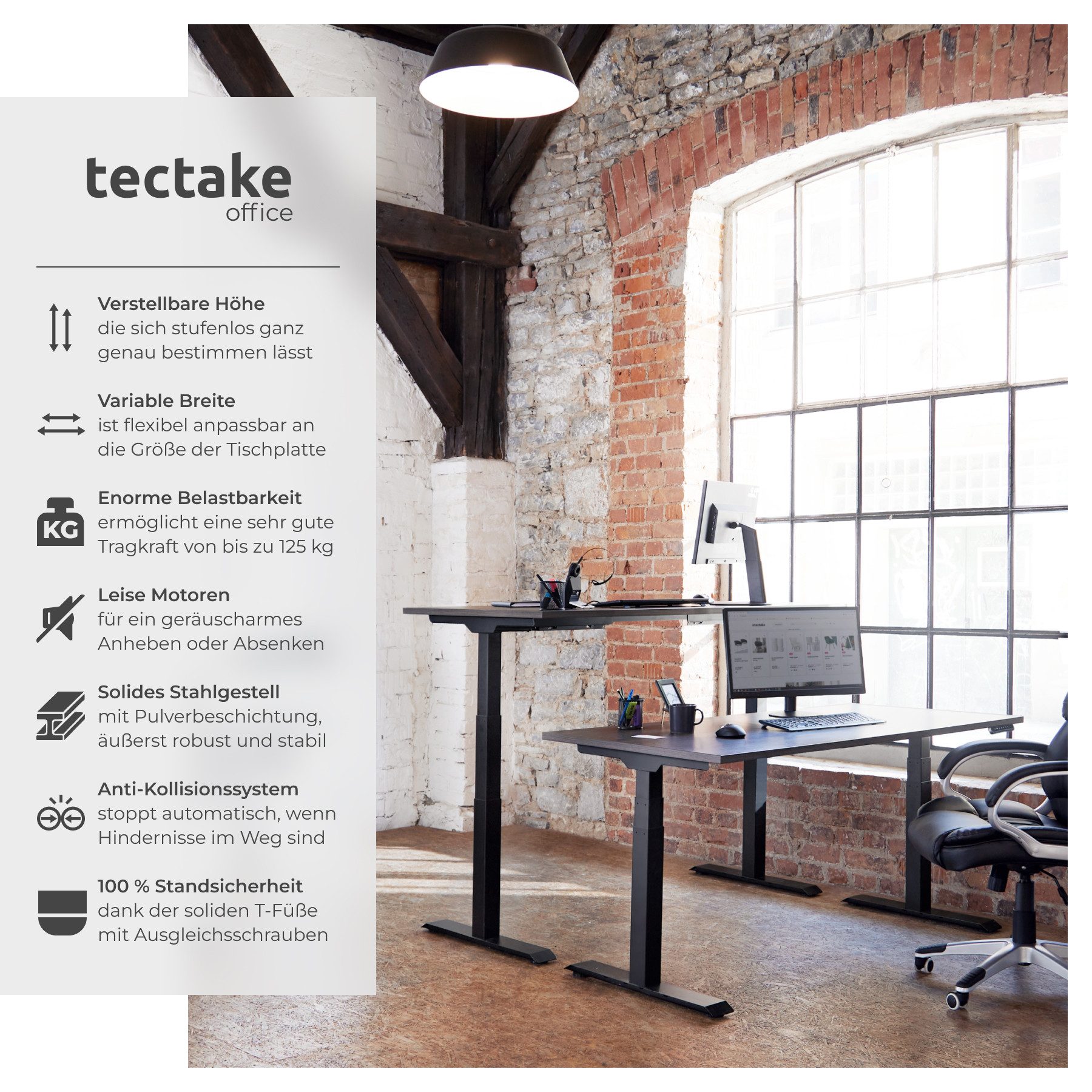 tectake Tischgestell Schreibtischgestell, Belastbarkeit 125 kg, 110-190 x 68 x 58-123 cm (Tischuntergestell Denis, 1-St., in schwarz), Elektrisch stufenlos höhenverstellbar
