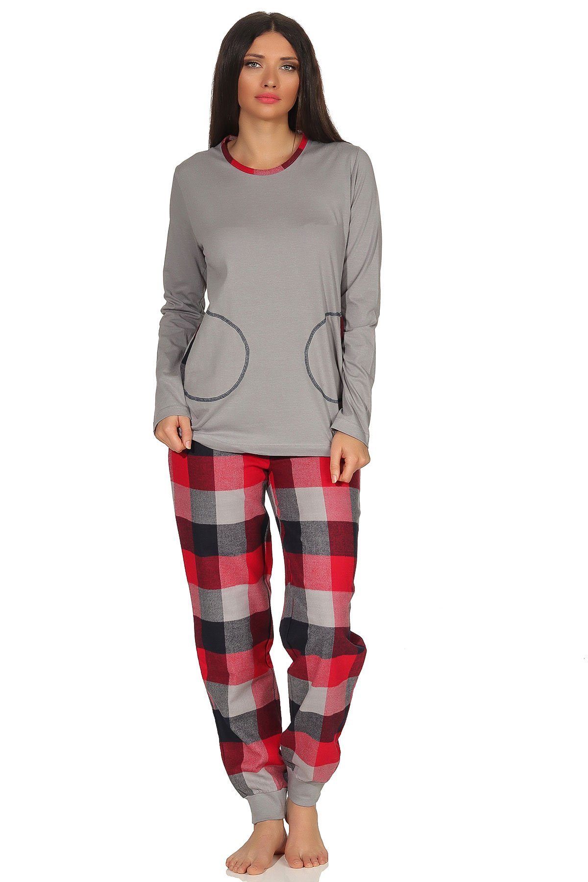 Normann Pyjama Damen & Mix Flanell Match Top Jersey, Single Hose Flanell Pyjama grau