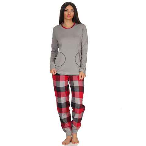 Normann Pyjama Damen Flanell Pyjama Mix & Match Top Single Jersey, Hose Flanell