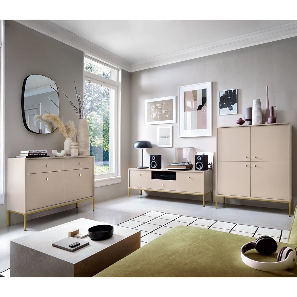Lomadox Highboard MALAGA-160, in sandbeige, Fußgestell goldfarben, goldene Griffe
