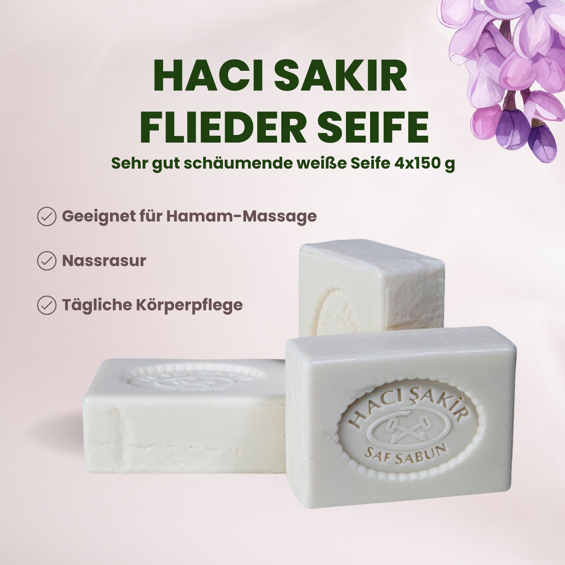 Haci Sakir Seifen-Set Kernseife »Haci Sakir« Flieder 4x 150 g, 4-tlg., sehr gut schäumende weiße Seife