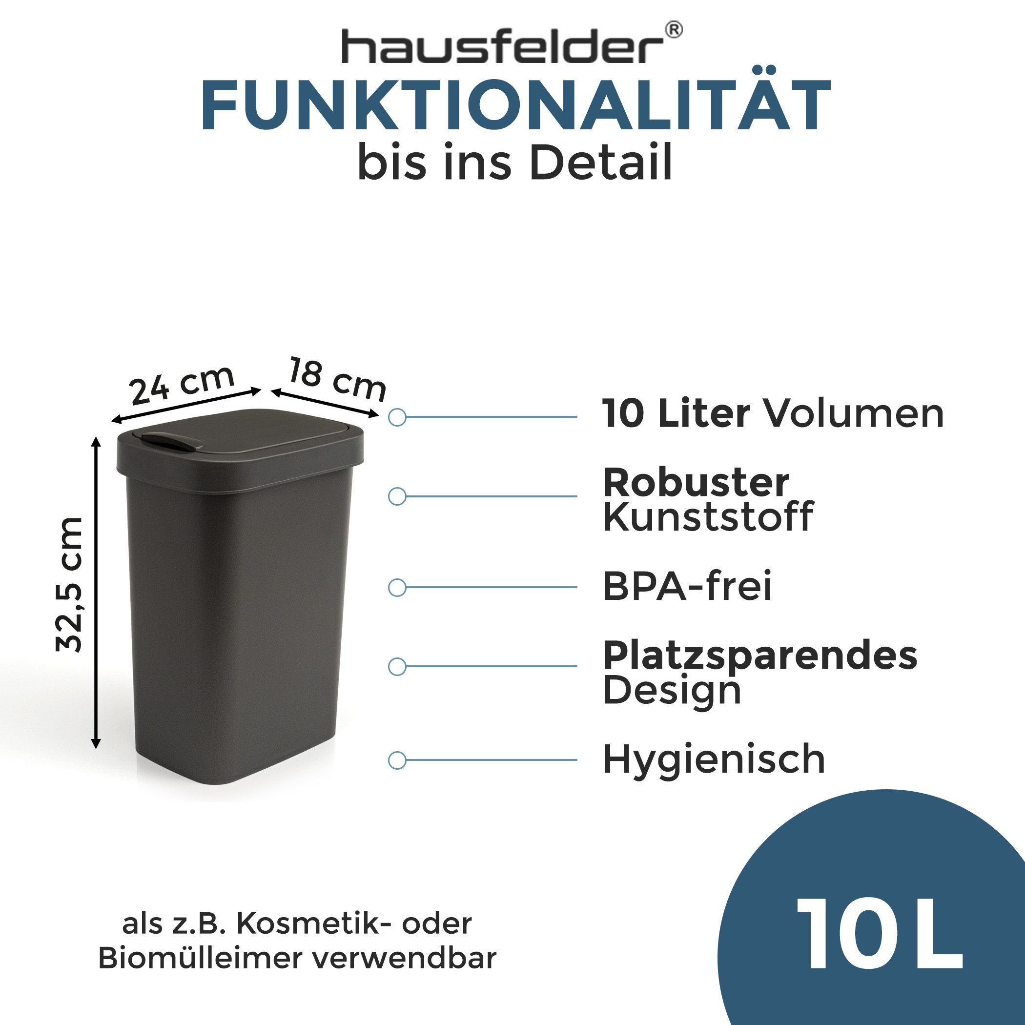 Hausfelder Mülleimer Abfalleimer 10 Liter mit Klapp-Schwingdeckel Abfallbehälter in Schwarz, Made in Germany, mit Klapp- und Schwingdeckel, robuste Konstruktion