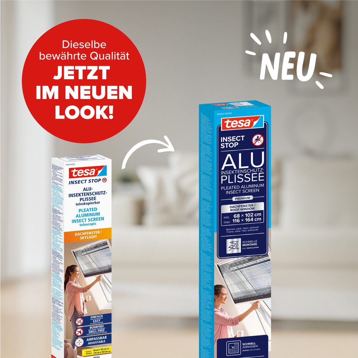 tesa Insektenschutz-Fensterrahmen Fliegengitter-Plissee für Dachfenster Premium, (1-St), Mückenschutz ohne Bohren