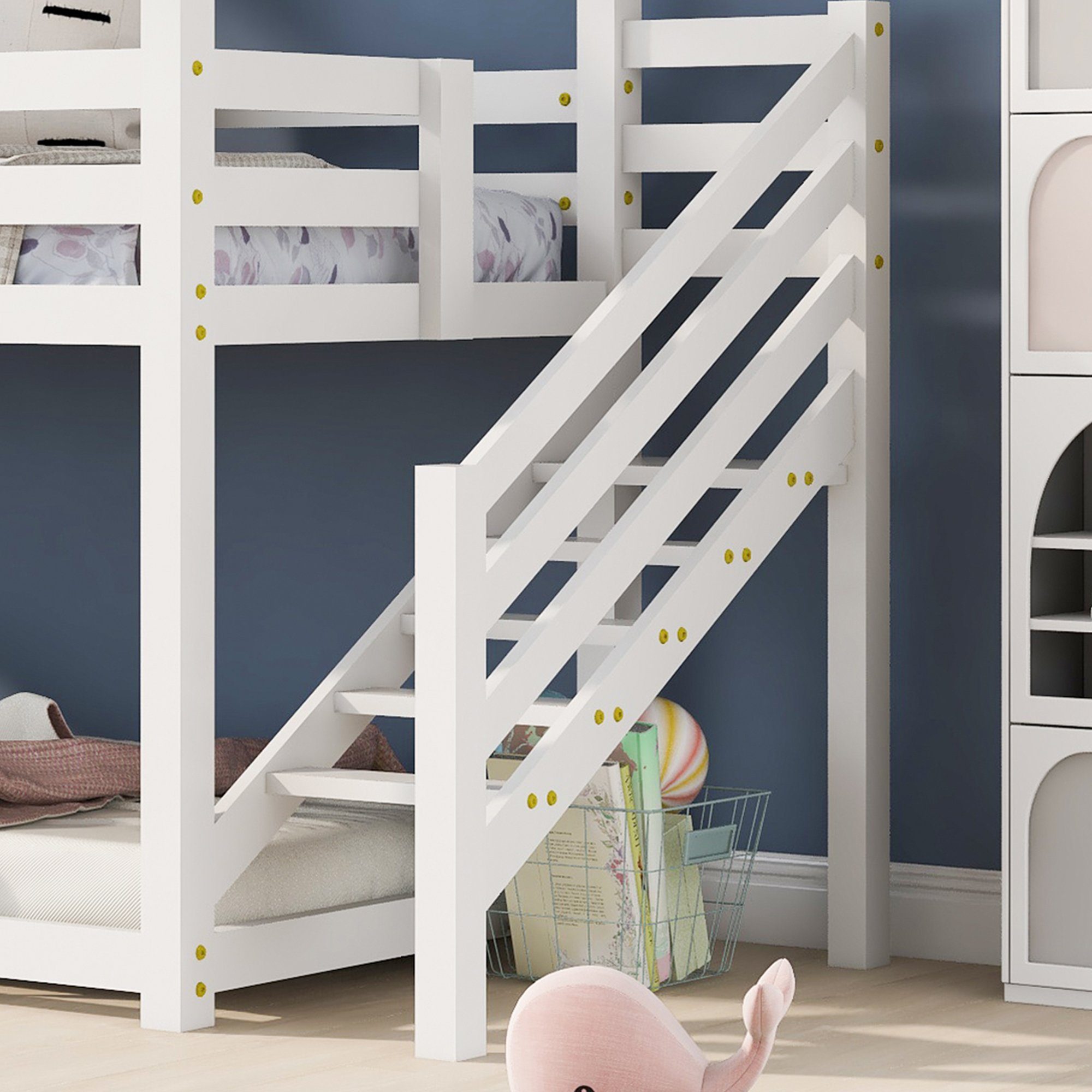 Etagenbett (Hochbett Hausbett Spielbett mit Treppe, Fallschutz und Lattenrost), Kinderbett Stockbett 90x200 cm, Kiefer, Ohne Matratze, Weiß