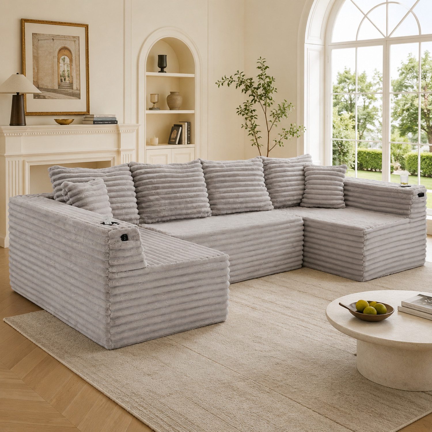 ANYSUN Sofa Ecksofa,U-förmiges Cord-Sofa mit Getränkehaltern und Seitentaschen, Modulares U-Form Multifunktionssofa aus Cordstoff, Loungesofa mit 2 Zierkissen, Ideal für Wohnzimmerbüros, Ferienwohnungen, Aufenthaltsräume
