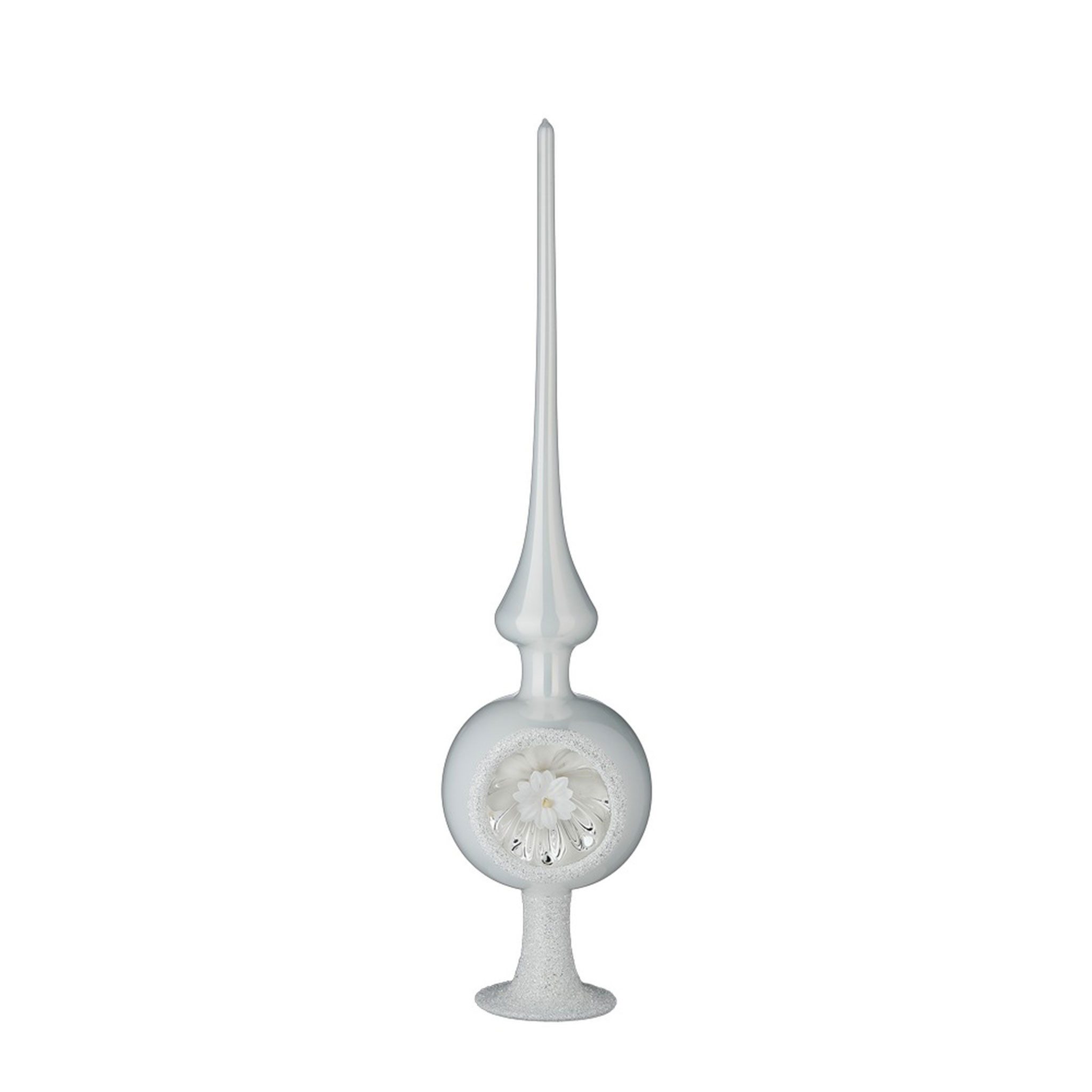 INGE-GLAS® Christbaumspitze, Christbaumspitze Glas 33cm Reflex Ornament mit Blüte Weiß Opal