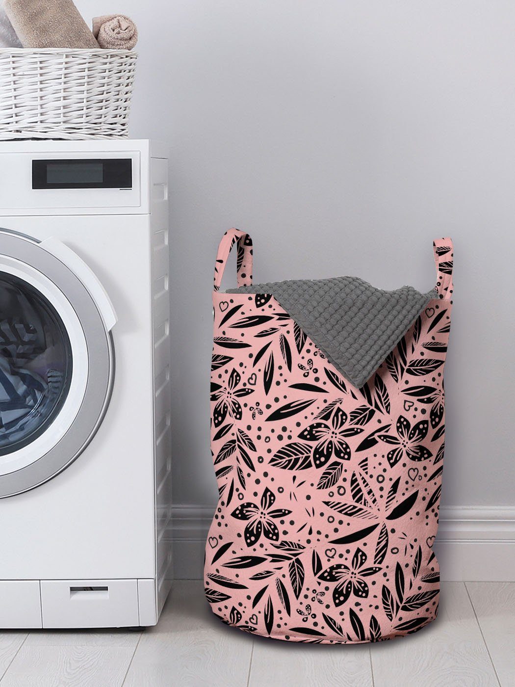 Kordelzugverschluss Waschsalons, mit und Exotische Abakuhaus Wäschekorb für Rosa Blätter Sommer Griffen Wäschesäckchen Schwarz