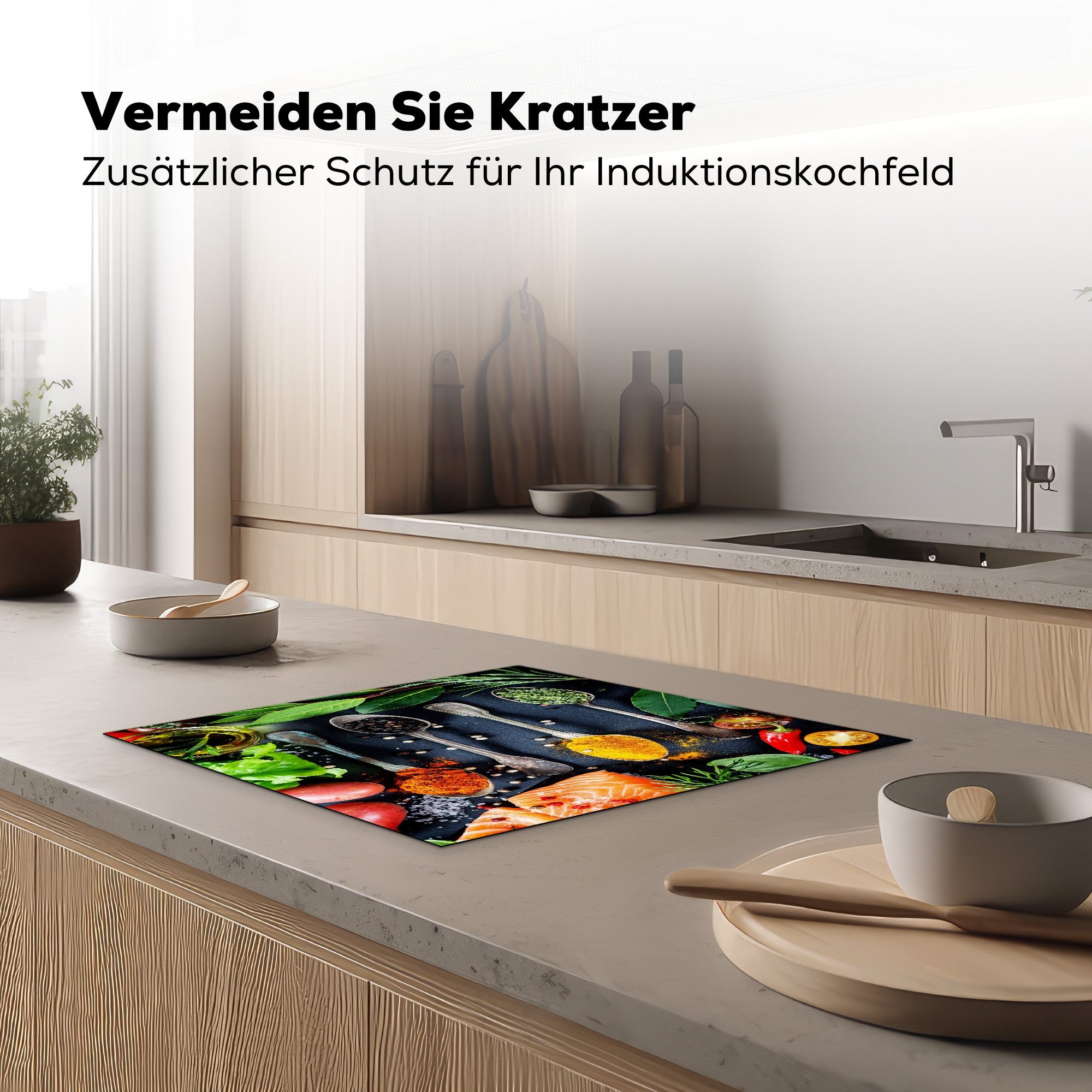 MuchoWow Herd-Abdeckplatte Kräuter - Löffel - Küche - Gewürze, Vinyl, (1 tlg), Cerankochfeld Abdeckung, Herd Abdeckplatten Vinyl, 58.3x51.3 cm