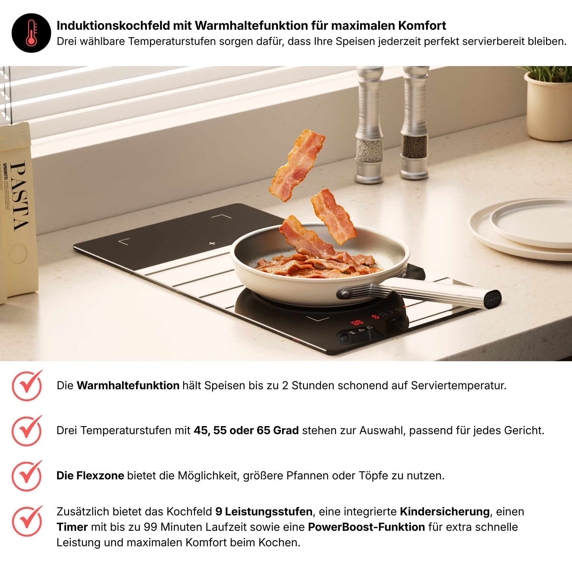 KB Elements Induktions-Kochfeld, EU Stecker, Flexzone, Warmhaltefunktion