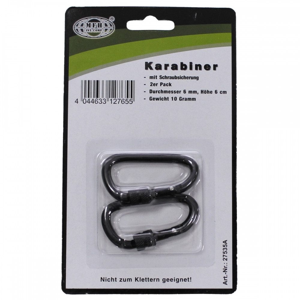 MFH Karabiner karabiner, Schraubverschluss, 6 mm x 6 cm, 2er Pack Karabiner