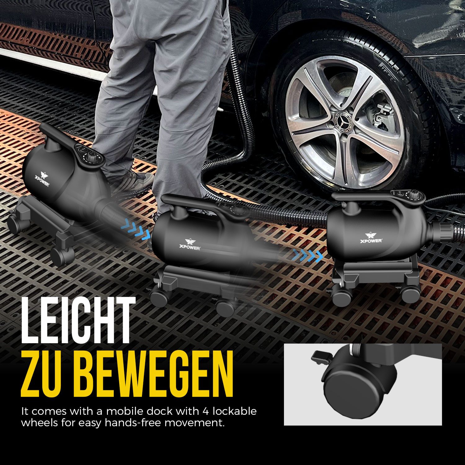 XPOWER Handstaubsauger A-16 Autotrockner Gebläse Autotrocknergebläse & mobilen Lenkrollen, 2200 W, Gebläse Autoanbautrockner, Flexibler Schlauch und Handschutz, – Bild 5 von 5