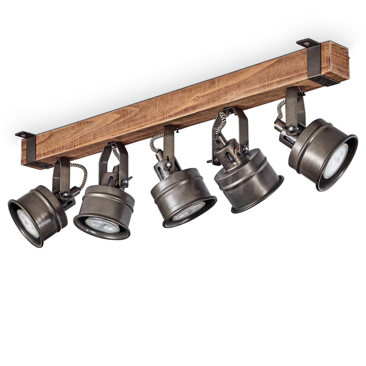 hofstein Deckenleuchte moderne Deckenlampe aus Holz/Metall in Braun/Schwarz, ohne Leuchtmittel, mit Holzbalken und verstellbaren Schirmen, 5x GU10