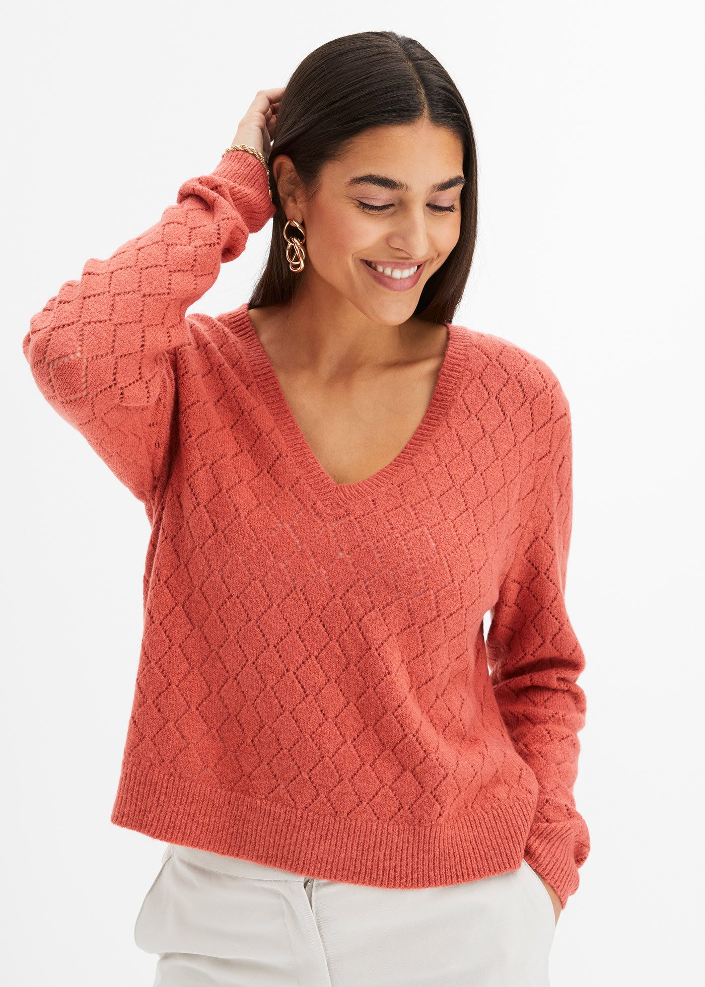 bonprix Ajourpullover bequeme Passform, mit tollem Ajour-Lochmuster, tiefer V-Ausschnitt