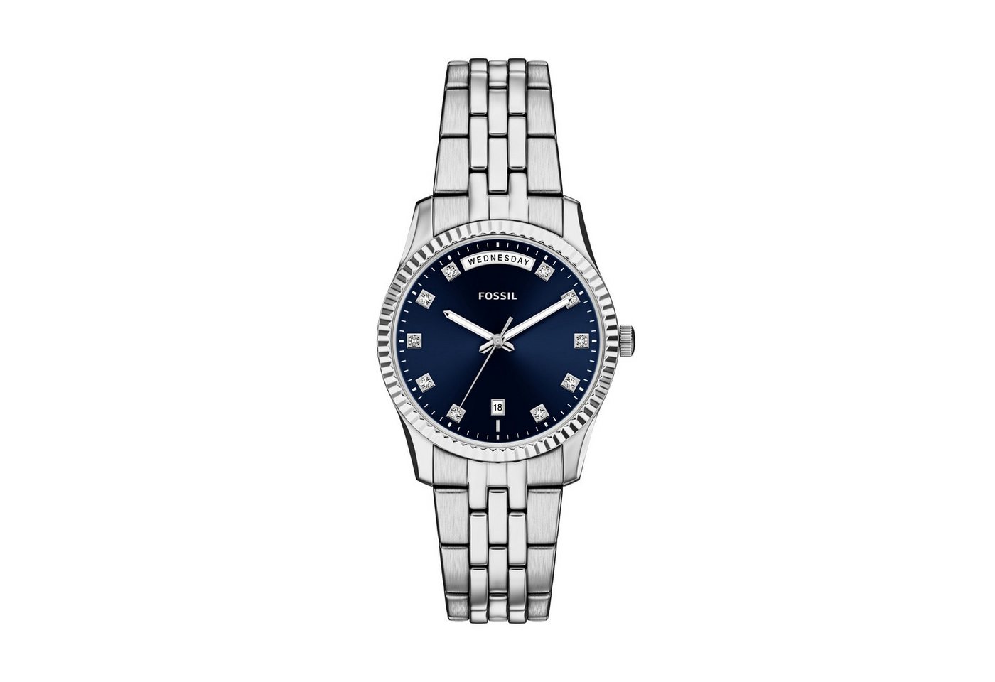 Fossil Quarzuhr Scarlette ES5457, Armbanduhr, Damenuhr, Edelstahlarmband, analog, Tag, Wochentag