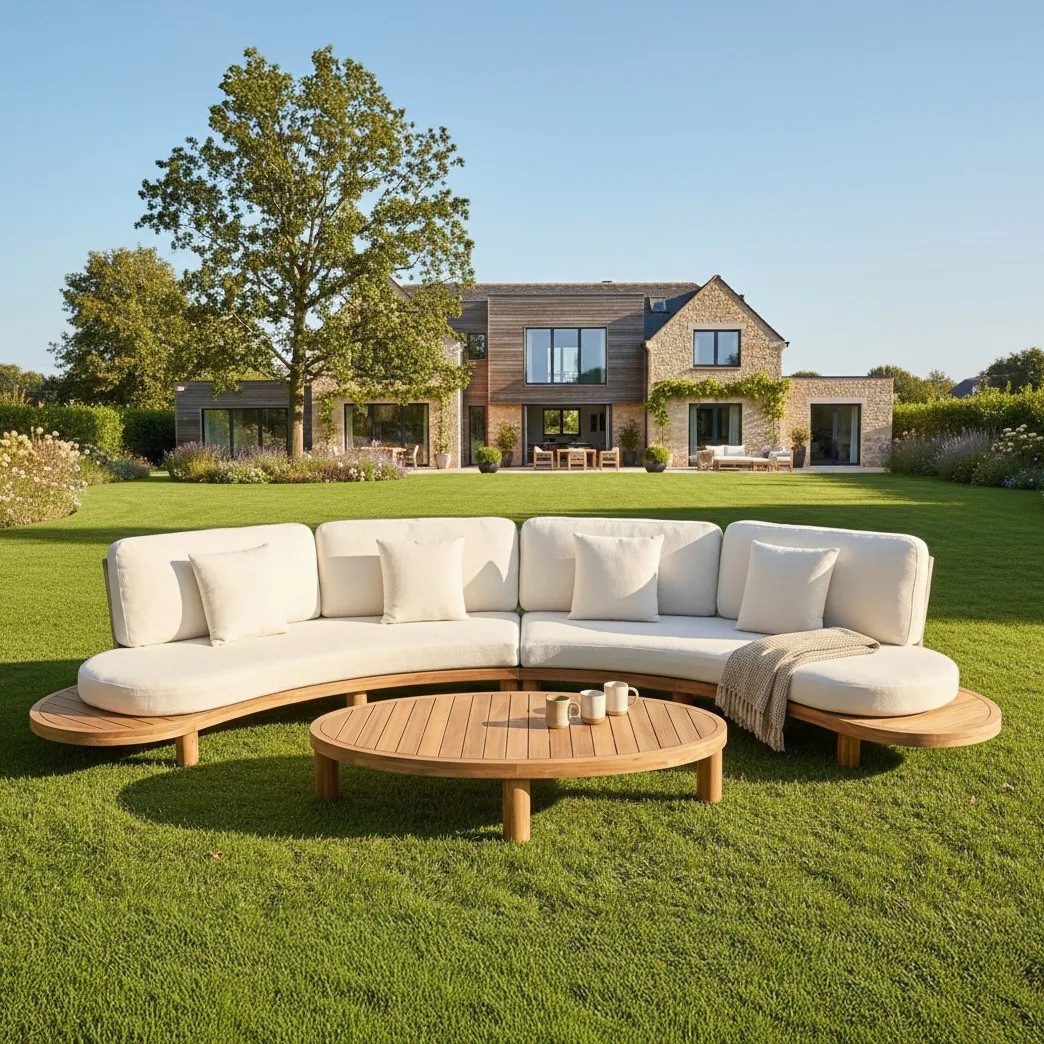 Bjorkka Gartenlounge-Set "LUMIA CAFFE" Massives Akazienholz, Olefin-Polster, Tisch, Low-Profile, Skandinavisches Design, Bequem, Gartenmöbel-Set