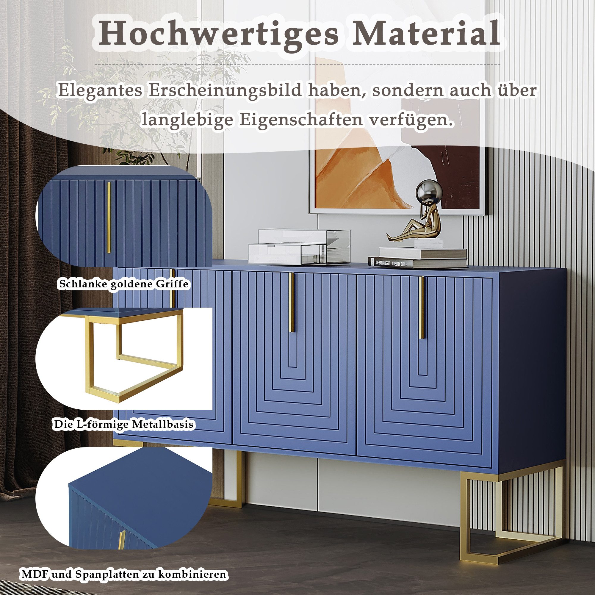 Merax Sideboard mit 3 Türen und verstellbaren Einlegeböden, Kommode mit Metallsockel,Anrichte,Buffet,TV-Schrank