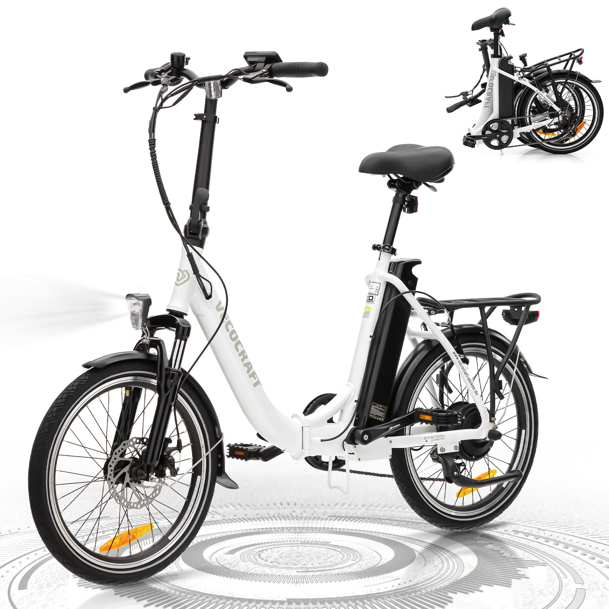 VECOCRAFT E-Bike Faltrad 36V 13Ah Elektrofahrrad,20’’ Pedelec max.100km,klappbar, E-PAX, 7 Gang Shimano, Kettenschaltung, Heckmotor, 468 Wh, E-Citybike,Cityrad für Damen und Herren mit Gepäckträger
