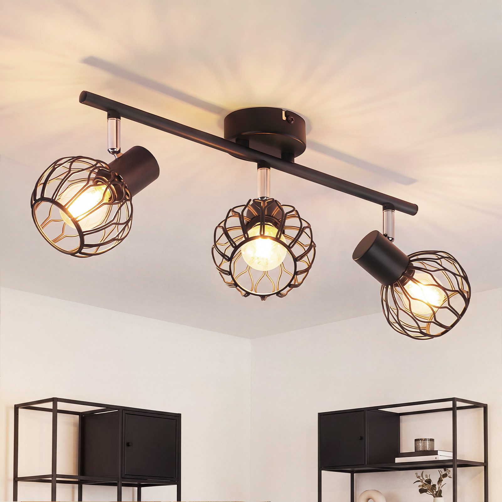 ZMH Deckenstrahler 3 Flammig Deckenlampe E14 Metall 350° Schwenkbar Wohnzimmer, Augenschutz, ohne Leuchtmittel, Innen Vintage Schwarz/Weiß Küchenlampe Deckenspot Flur