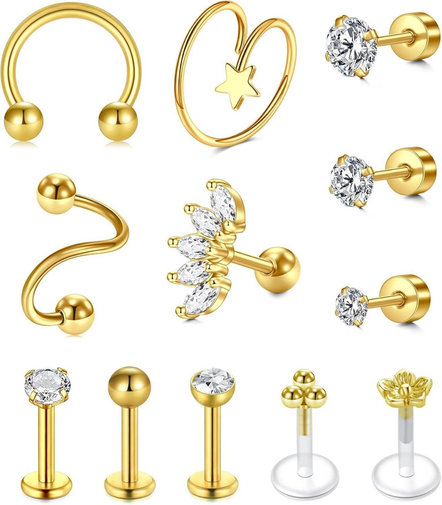 Piercing-Set Helix Piercings Chirurgenstahl 1.2mm 6mm Tragus Ohrring Kristall 12stk