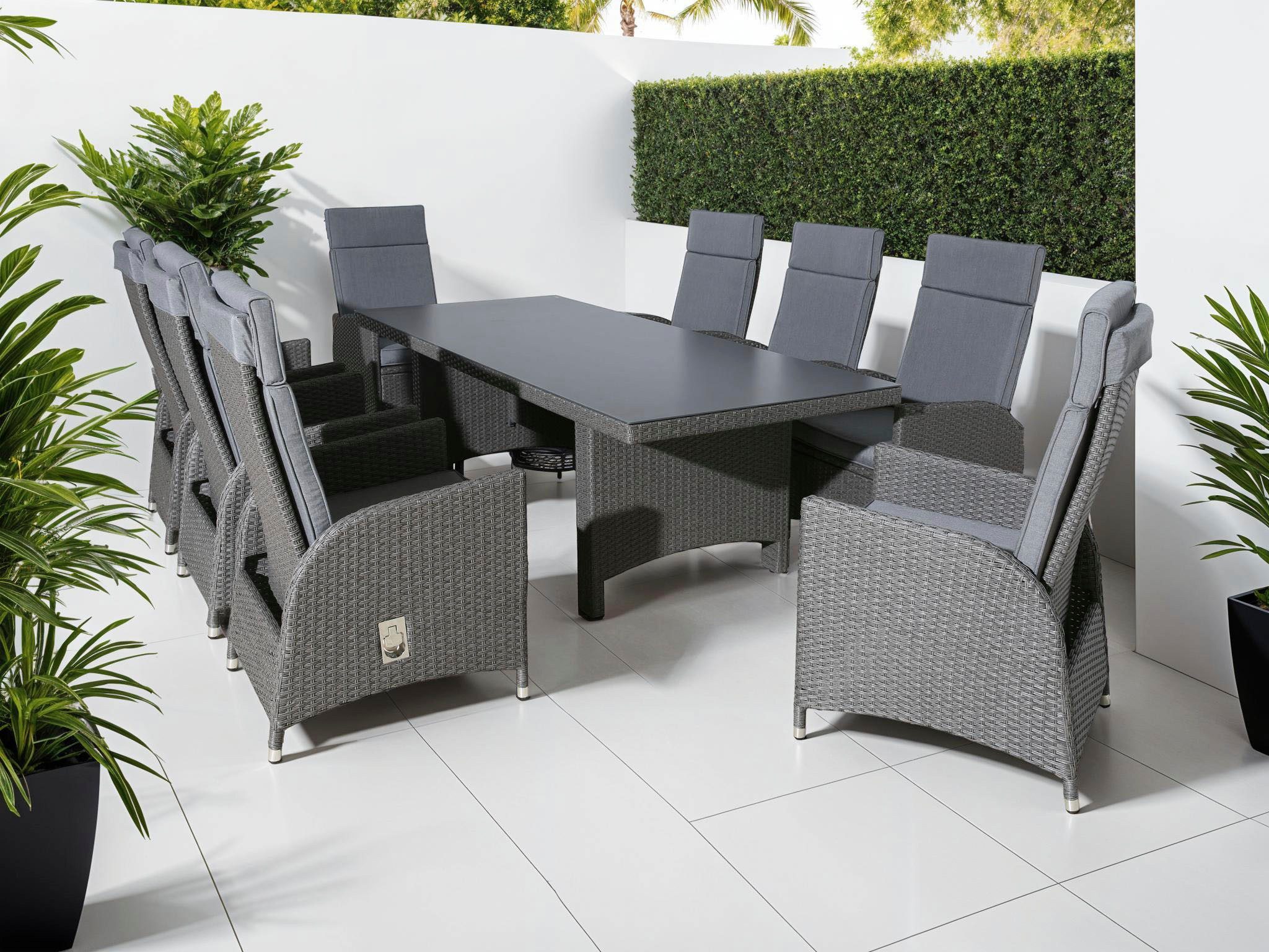 KONIFERA Garten-Essgruppe »Newcastle«, (Set, 17-tlg., 8 Sessel, Rückenlehne verstellbar, Tisch 100x230x75 cm, inkl. Auflagen), Aluminium/Polyrattan