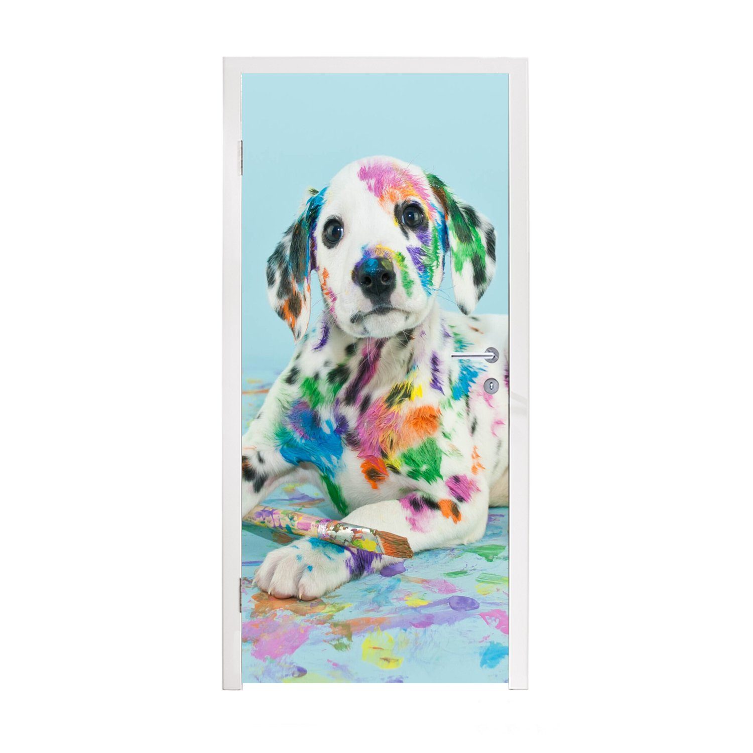 MuchoWow Türtapete Hund - 75x205 Fototapete - St), (1 Tür, Matt, Türaufkleber, für Farbe Blau, cm bedruckt