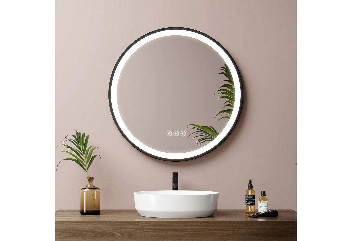 EMKE Badspiegel mit Beleuchtung Rund Badezimmerspiegel schwarzem Rahmen (50-80cm, Touchschalter), 3 Lichtfarben, dimmbar, Touch, Memory, mit Antibeschlag, IP44