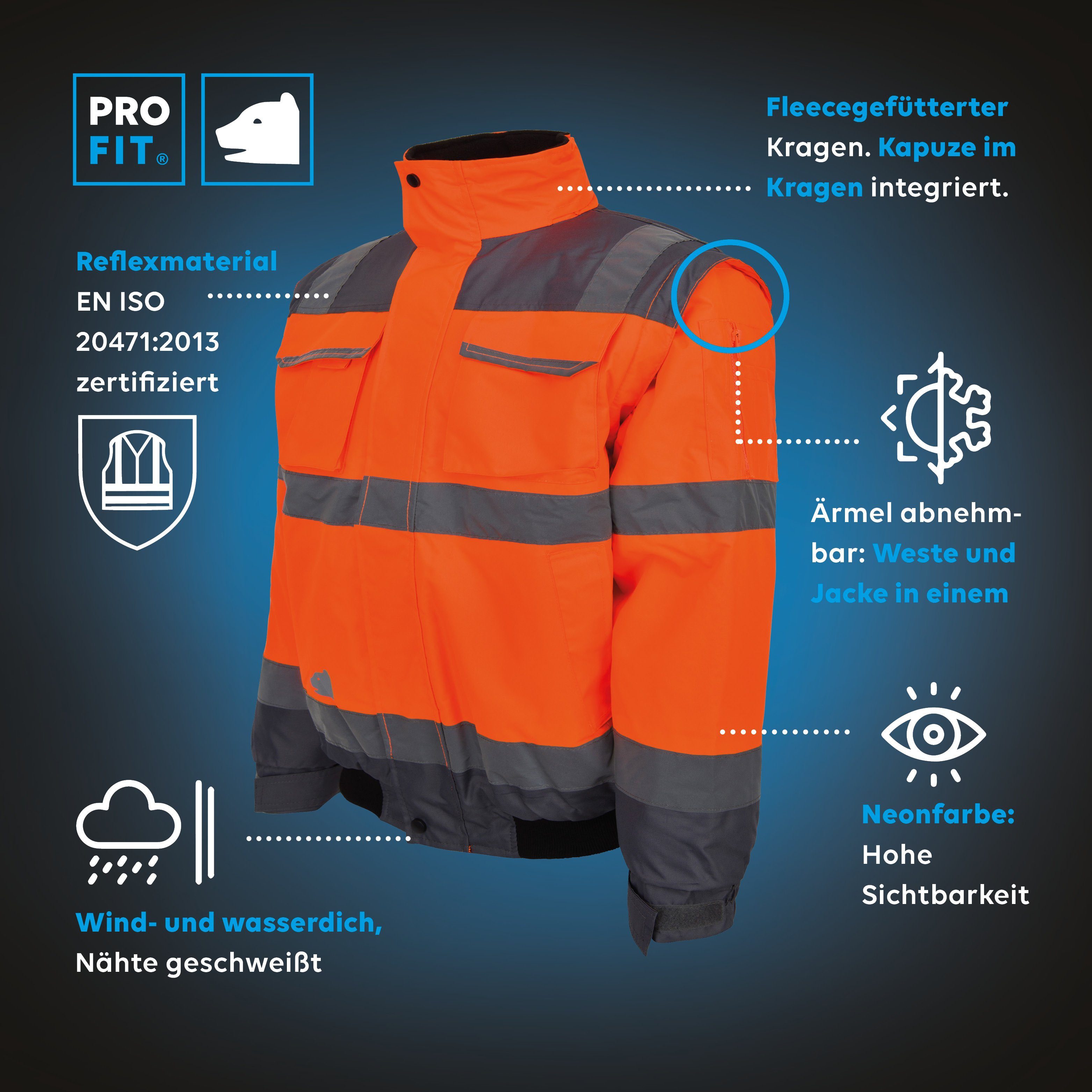 Arbeitsjacke Kragen Neonorange/Grau Pilotenjacke Warnschutz Wasserdicht, (1-St) Reflektionsstreifen, Kapuze by im Fitzner FIT PRO Winddicht,