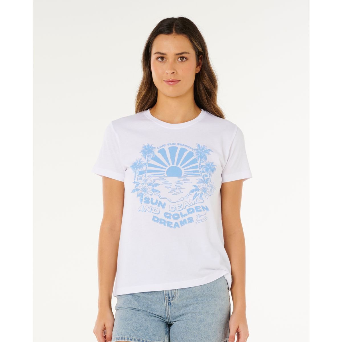 Rip Curl Kurzarmshirt SUN Beams Standard Tee Lässiges T-Shirt mit Frontprint und gewebtem Etikett für einen