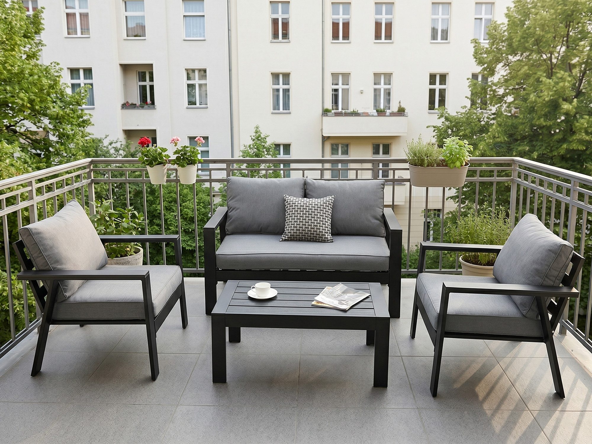 MeXo Gartenlounge-Set Gartenmöbel Set 4 Personen Aluminium Wetterfest Hochlehner 4 Sitzer, (einteiliges 10cm Premium-Sitzkissen, 4-tlg., Gartentisch 100x50cm), Gartenset 4 Personen Ergonomisches Design, Café-Ecke Alu