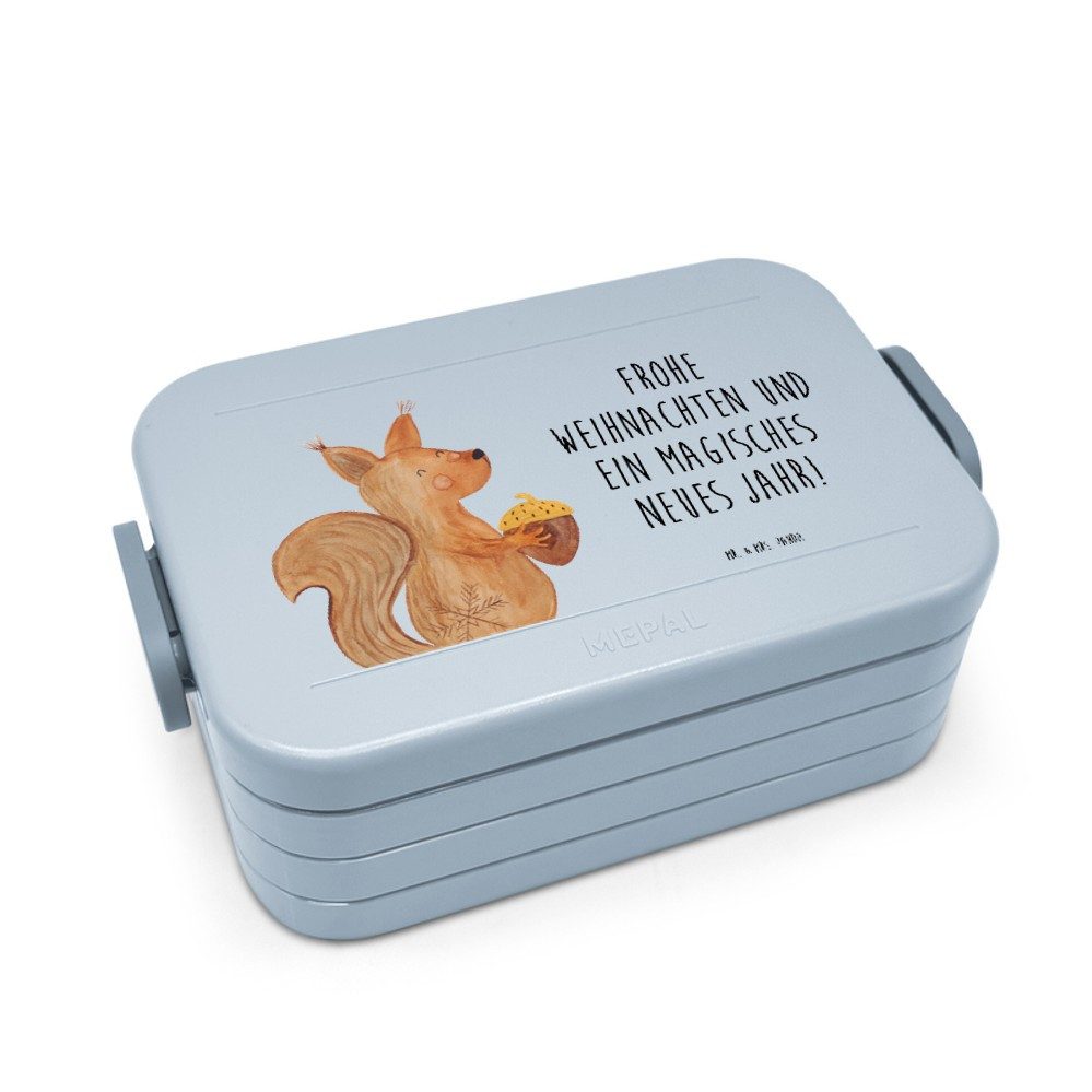 Mr. & Mrs. Panda Butterdose Eichhörnchen Weihnachten Motiv, Bento Box, Blau Pastell, Frohes Neues, Polypropylen lebensmittelecht, (Packung), Geschenk Guten Rutsch Bento-Brotdose