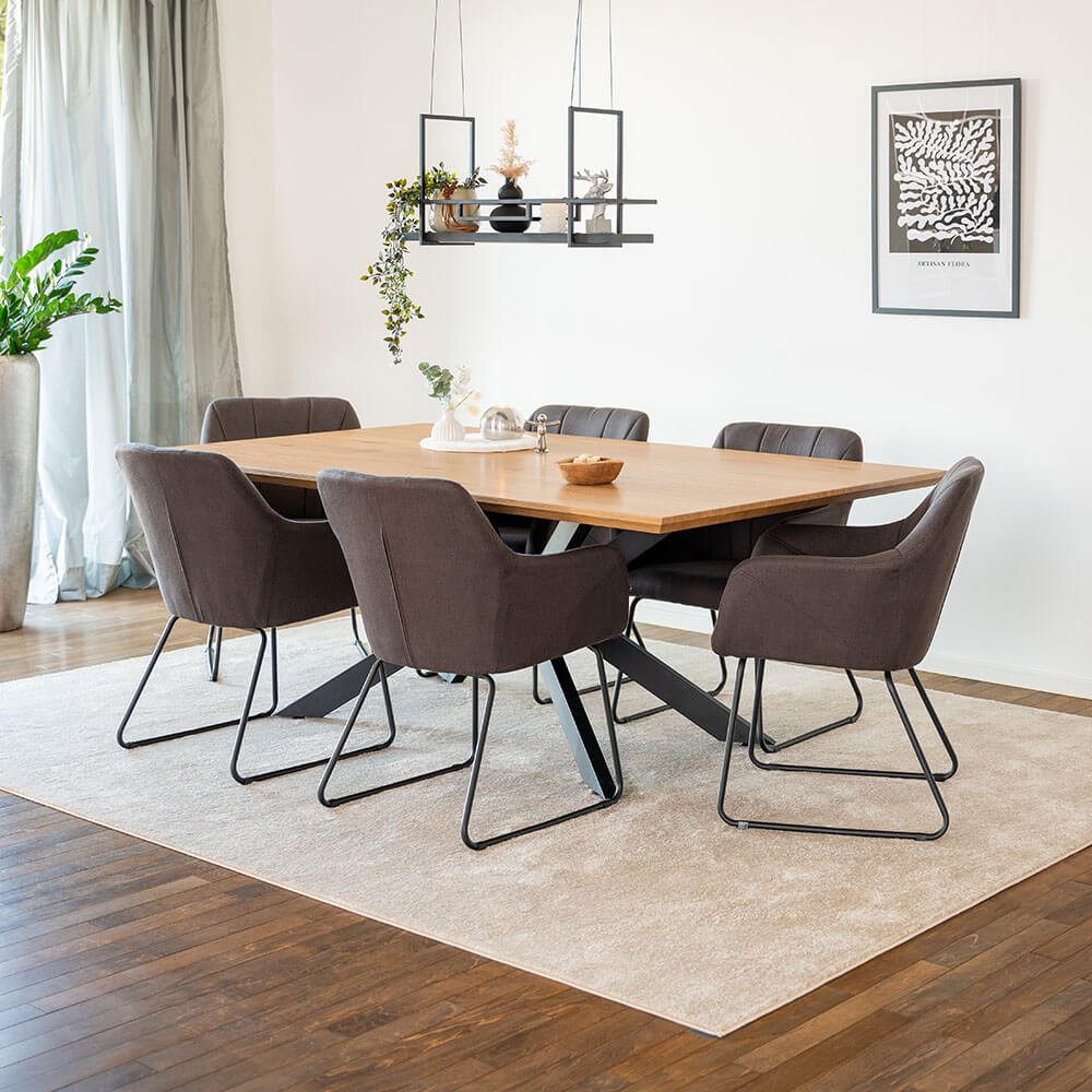 HOME DELUXE Essgruppe Eckig AVENCIA inkl. Sternfuß - 200 x 120 cm Light Oak, (7-tlg)
