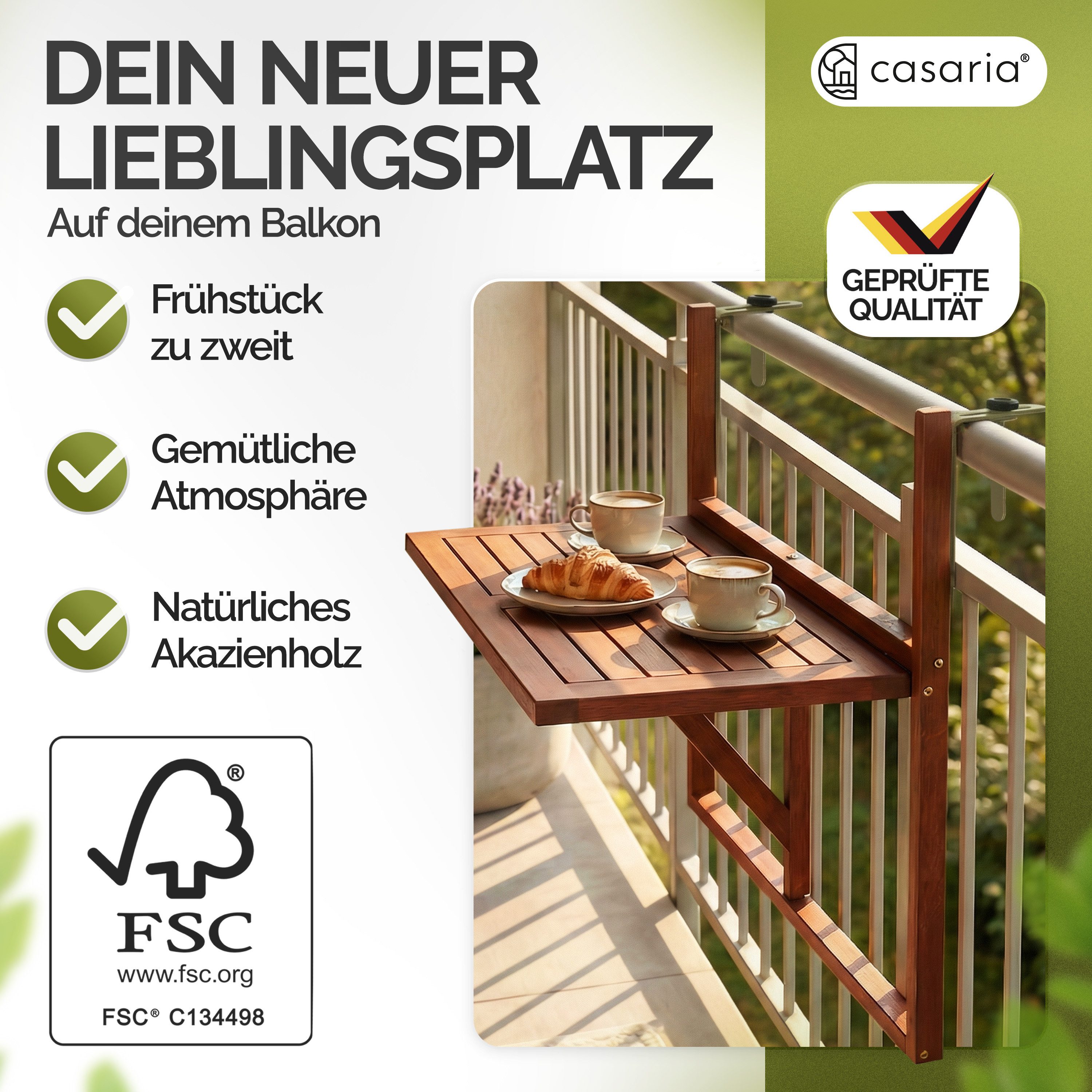 Casaria Balkonhängetisch Akazie (1-St), klappbar Holz FSC®-zertifiziert 40kg Belastbar Balkon Geländer Akazie