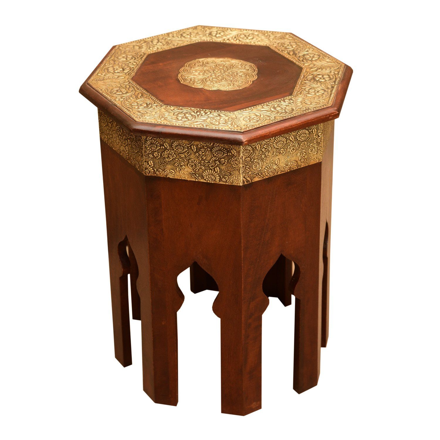 Casa Moro Beistelltisch Orientalischer Beistelltisch Meena Ø 40 cm rot-braun Gold Holz Messing, marokkanischer Stil in Vintage Look