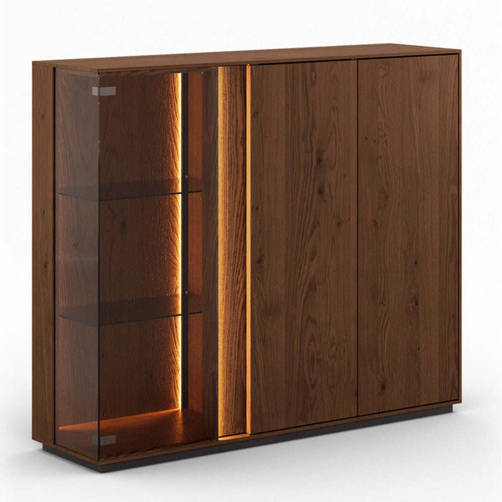 Lomadox Highboard CARISOLO-163, 135 cm breit in Eiche massiv dunkel, montiert, inkl. LED-Beleuchtung