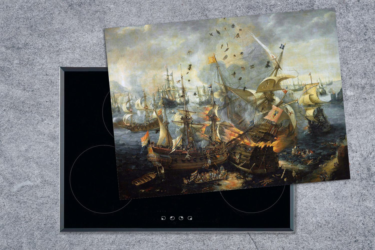 MuchoWow Herdblende-/Abdeckplatte Cornelis Vinyl, 70x52 nutzbar, spanischen cm, Admiralschiffs Arbeitsfläche Claesz, - Explosion (1 des von Gemälde Mobile Ceranfeldabdeckung tlg)